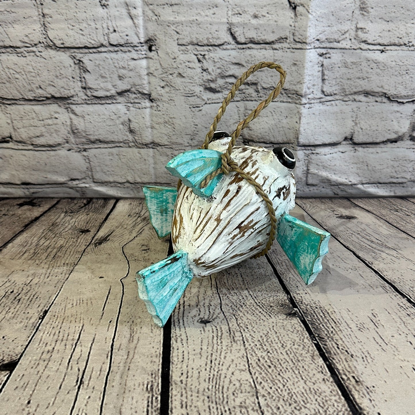Green White Folk Art Hand Painted Shark Fish Coconut Shell Ornaments Hanging