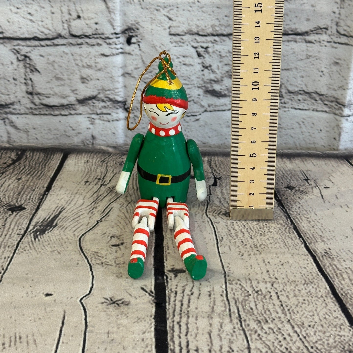 10cm Christmas Elf Sitting Animal, Wooden Shelf Ornament Handmade and Fairtrade