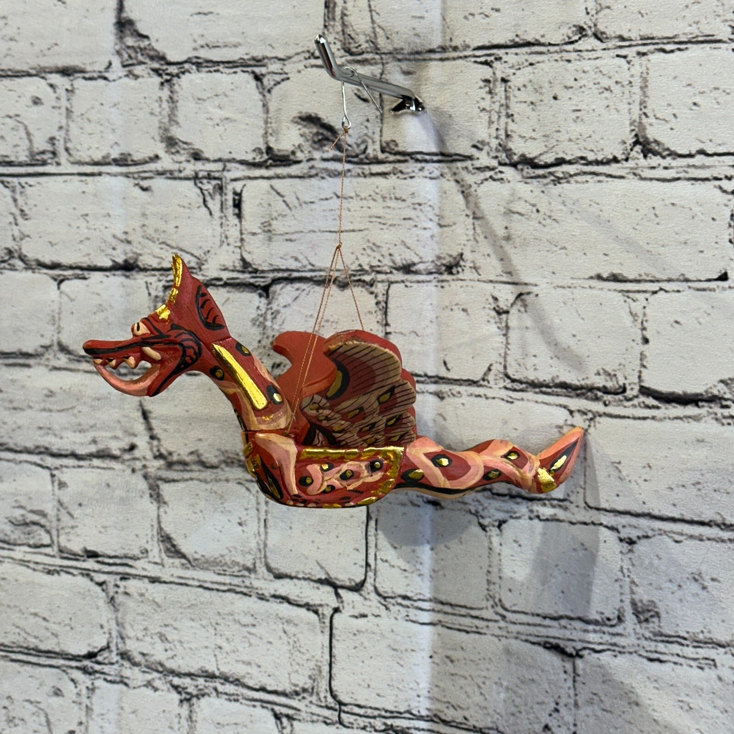 Small Red Dragon Folk Art Wood Flying Winged Mobile Spirit Chaser Guardian