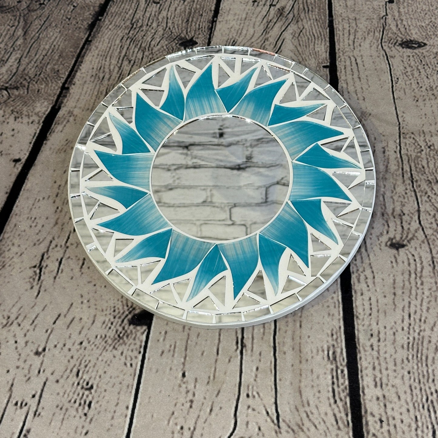 Turquoise Blue Flame Sun Mosaic Tile Wall Mirror 20cm x 20cm 8 Inches Handmade