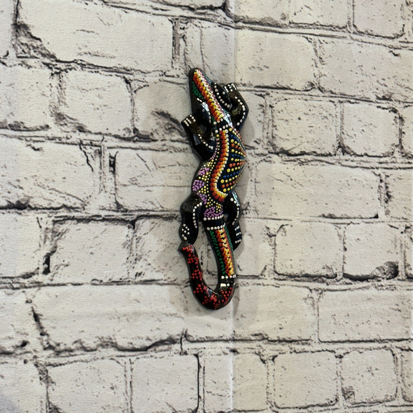 20cm Gecko Carved Wooden Dot Painted Ethnic Tribal Tiki Wall Handmade No 8