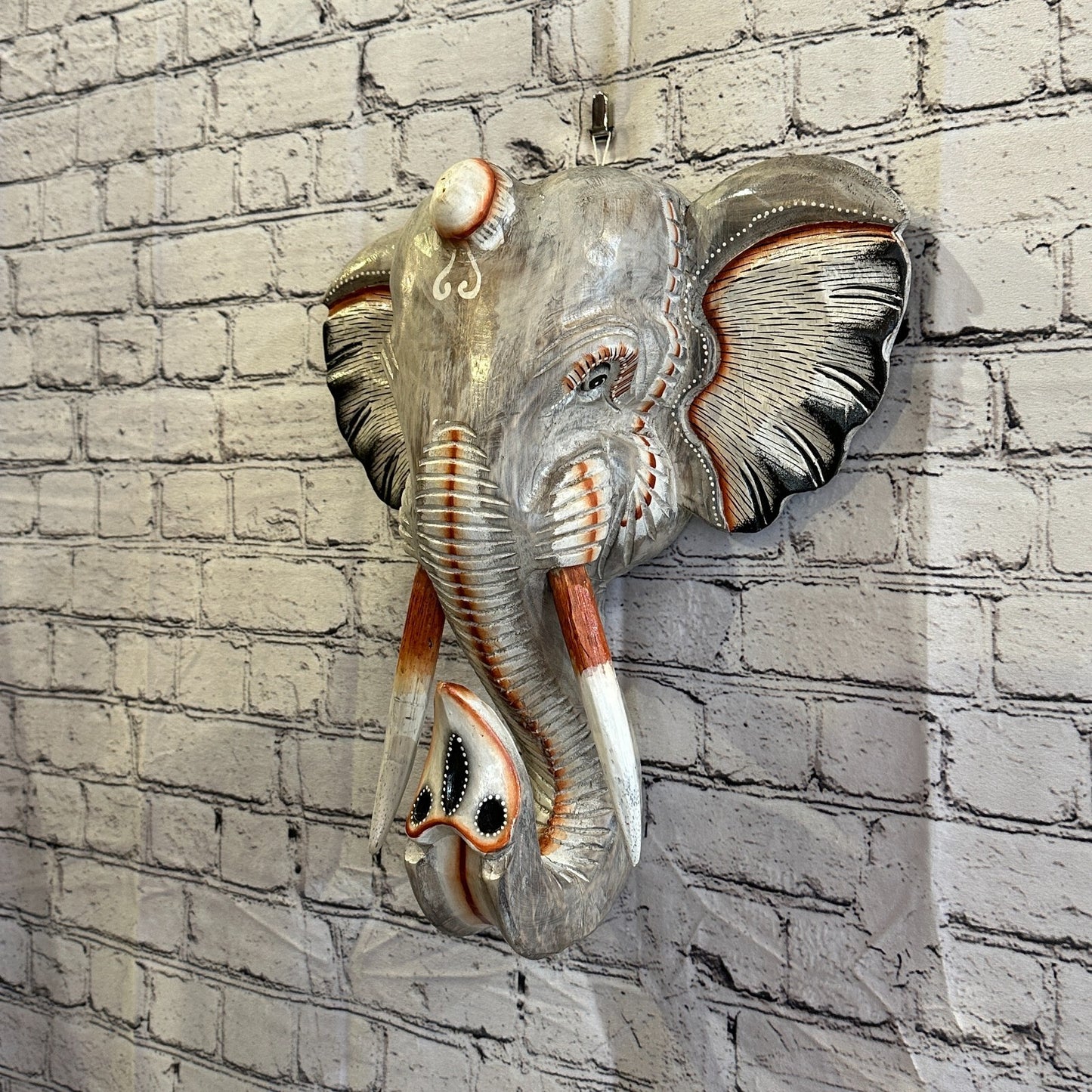 45cm x 35cm Grey Painted Wood Elephant Head Wall Mounted Art Large Shabby