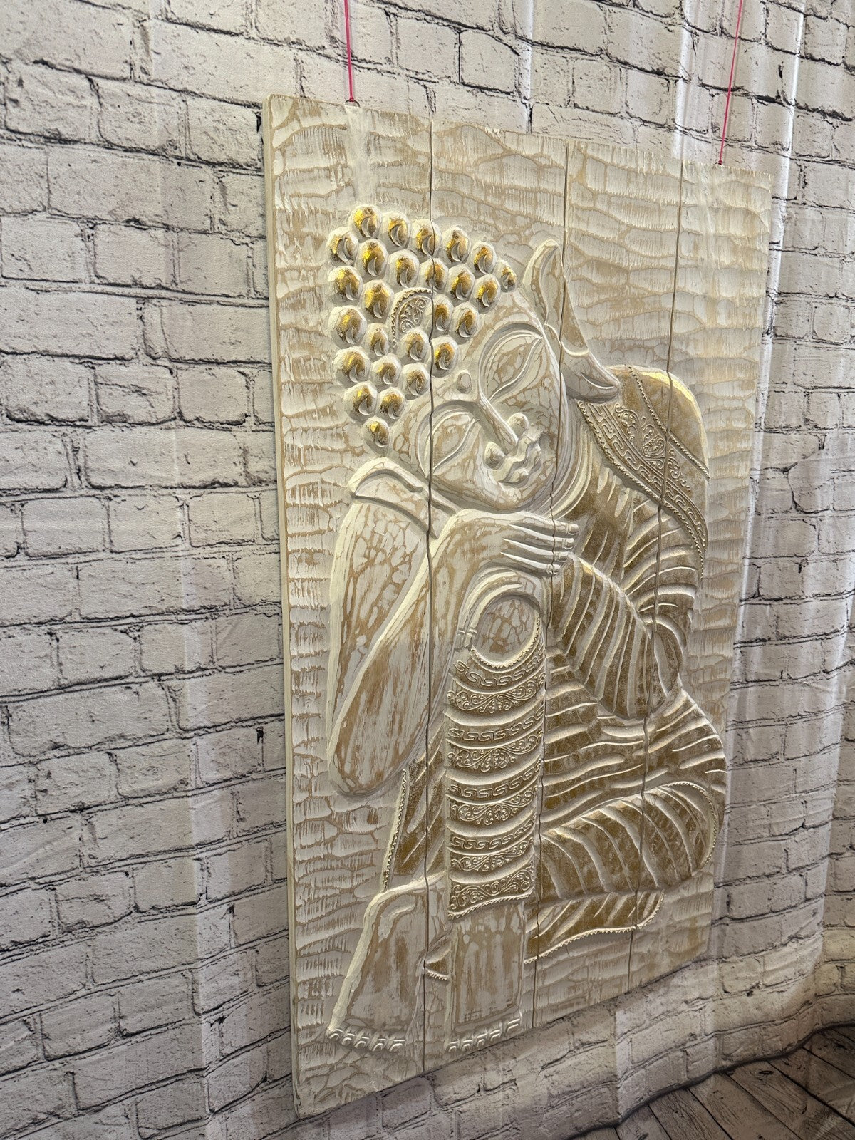 100cm x 60cm Buddha White Gold Wooden Wood Panel Wall Art Plaque Handcarved