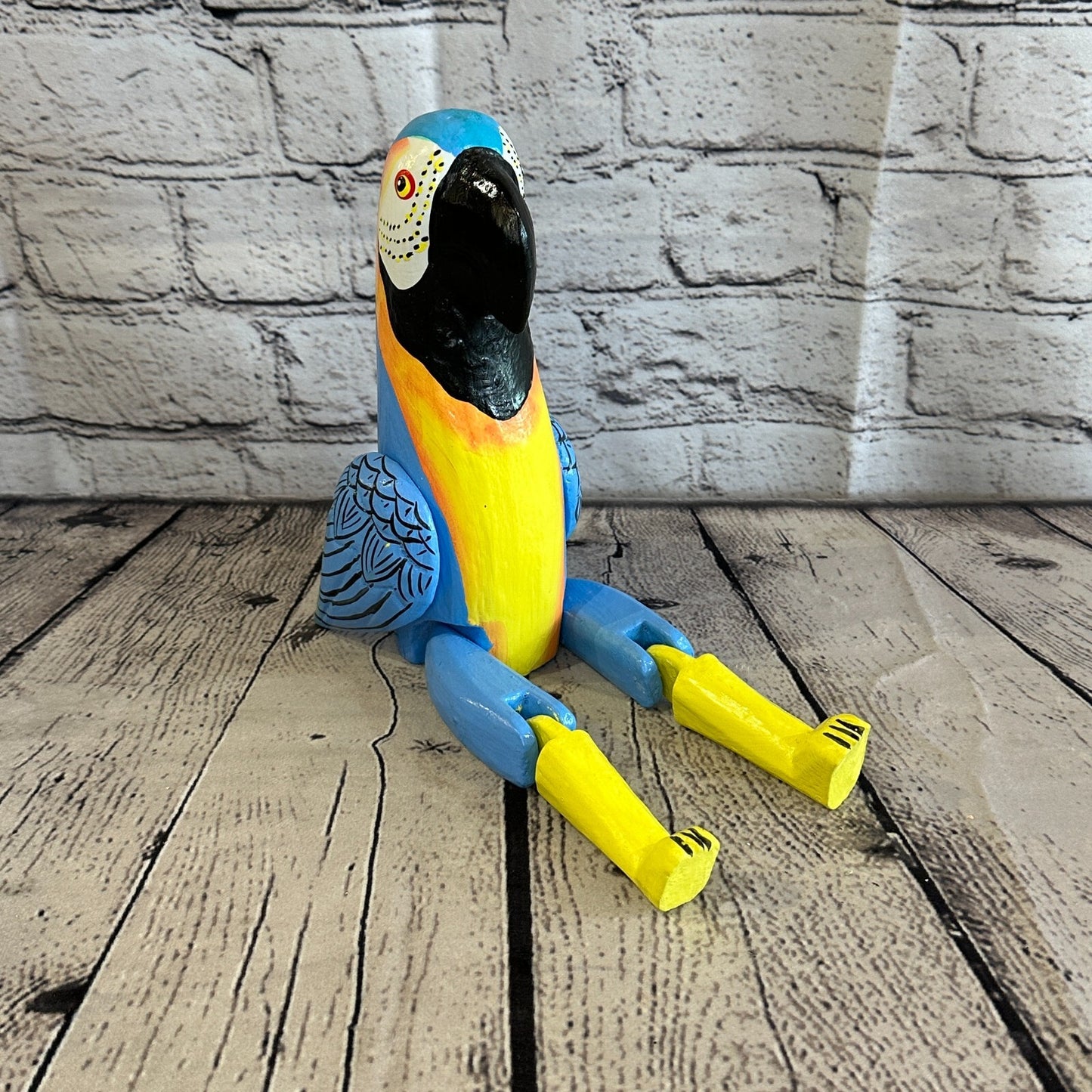 20cm Blue Parrot Sitting Animal, Wooden Shelf Ornament Handmade & Fairtrade
