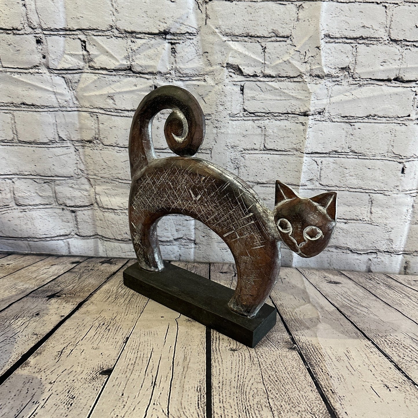 35cm x 35cm Wooden Tribal Primitive Black Cat Stand Sculpture Statue Art