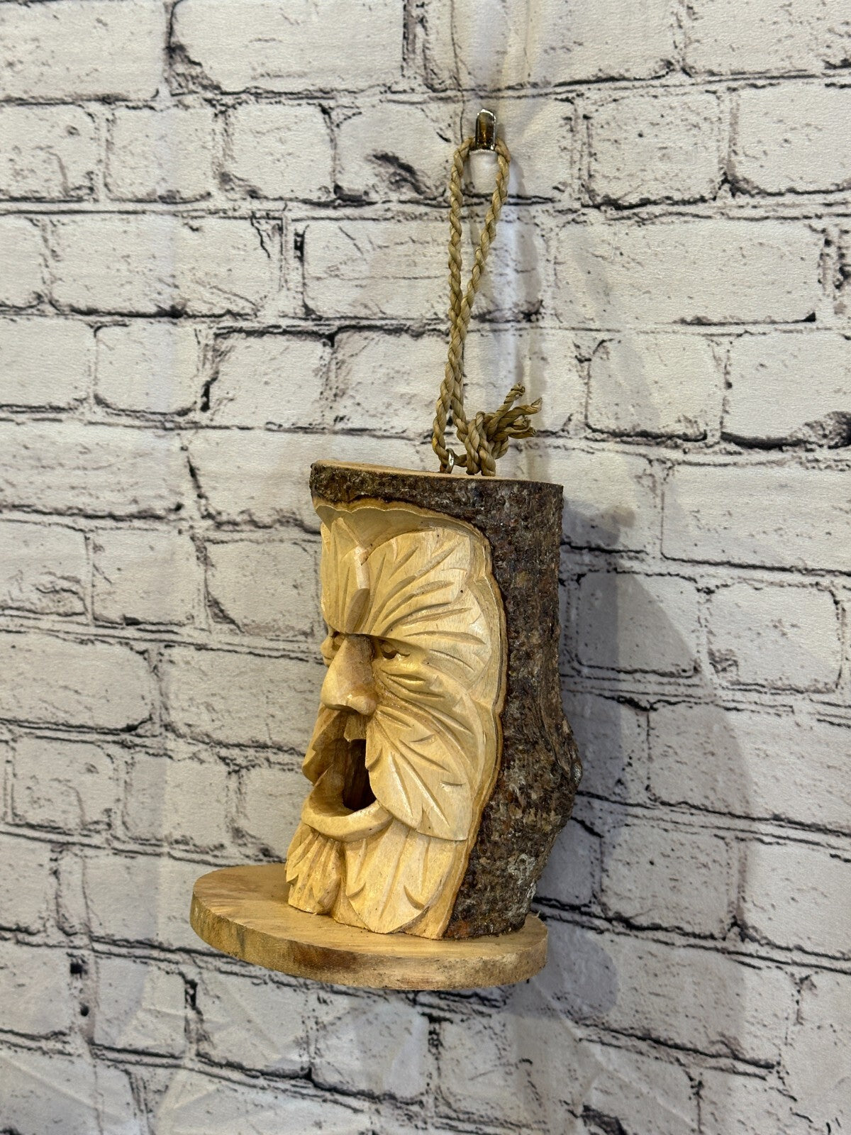 Bird House Green Man Of The Woods 25cm Hand Carved Tree Trunk Wood Fairtrade