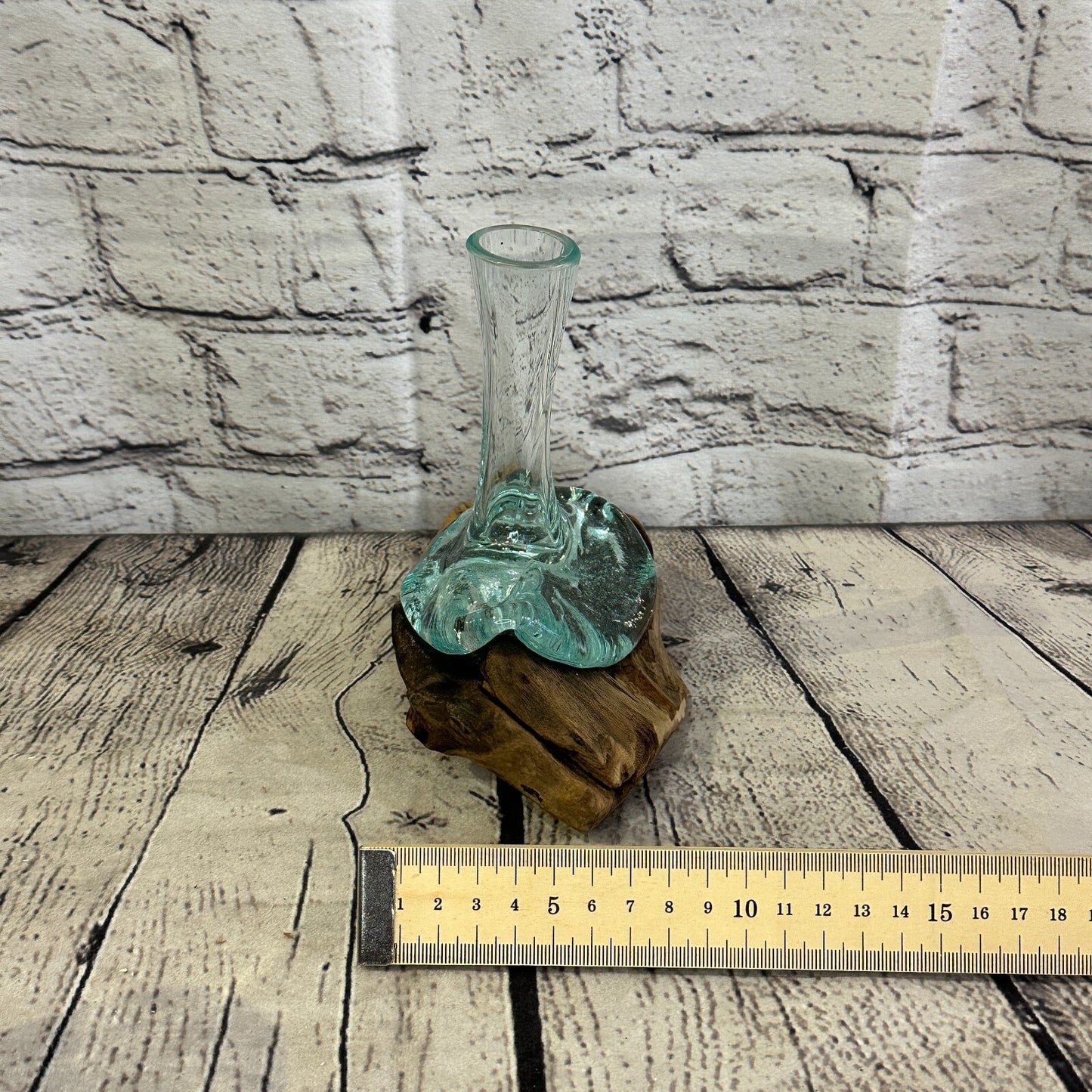 15cm x 10cm Molten Glass Round Vase Natural Root Wood Base Stand Decor Ornament