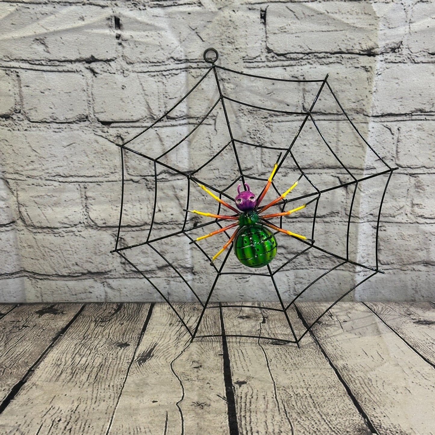 30cm x 30cm Green Pink Spider On Web Bug Metal Tin Wall Hanging Ornament Statue