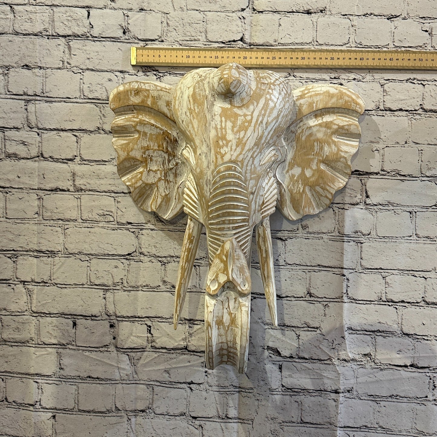 50cm x 40cm Cream White Carved Wood Elephant Head Wall Mounted Art Large Shabby