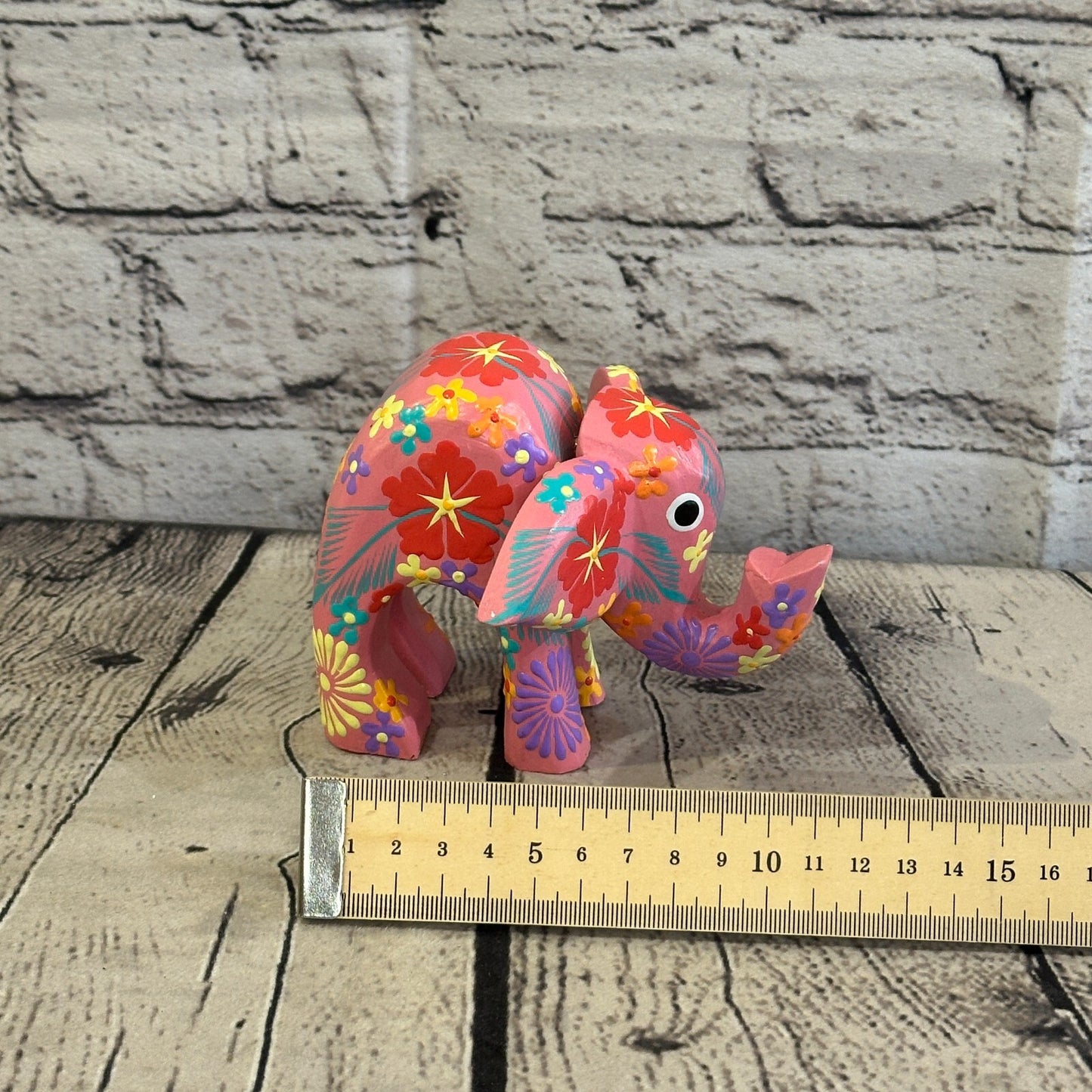 Pink Wooden Elephant With Flower Pattern 10cm x 12cm Handmade and Fairtrade