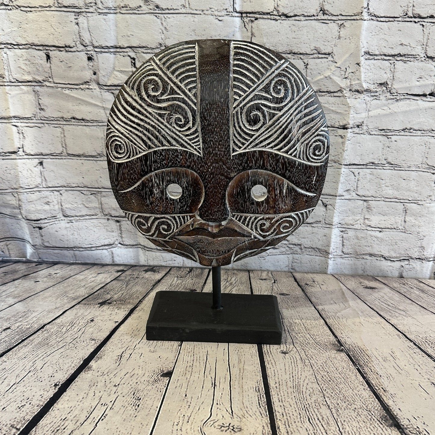 40cm x 35cm Wooden Tribal Primitive Black Mask Stand Sculpture Statue Art