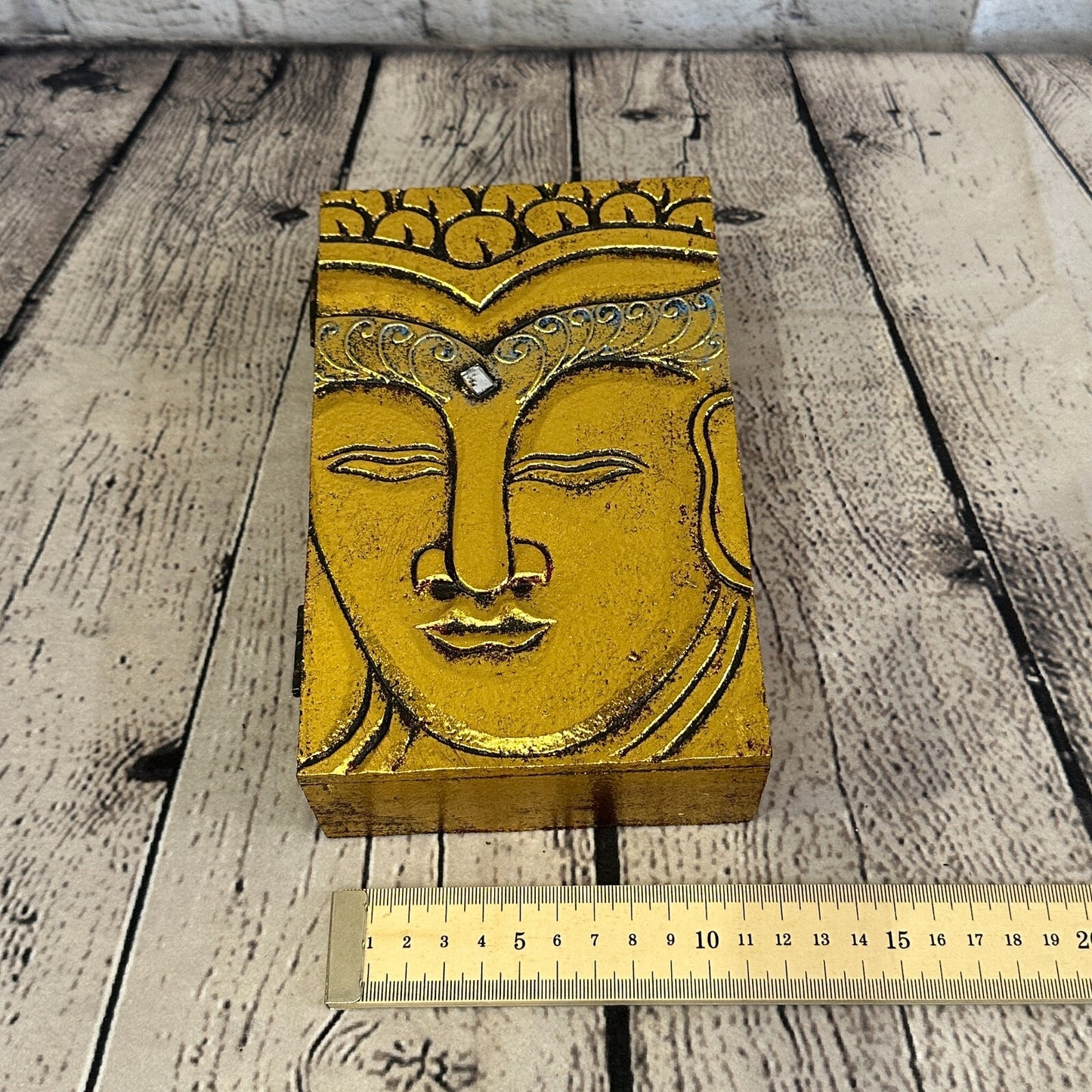 Bright Gold Thai Plain Buddha Face 20cm x 12cm x 5cm Wooden Box Trinket Handmade