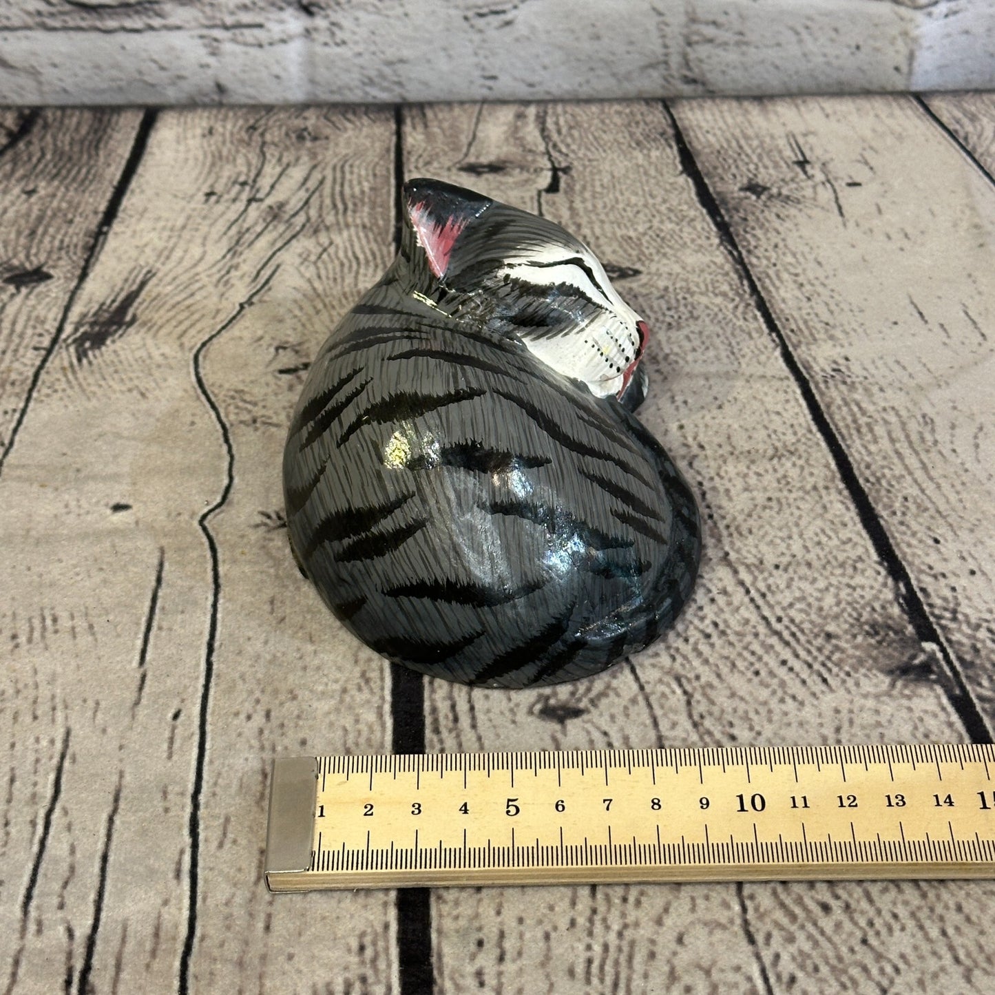 14cm Grey Style Painted Wooden Hand Carved Snoozing Cat Sleeping Cat Wooden