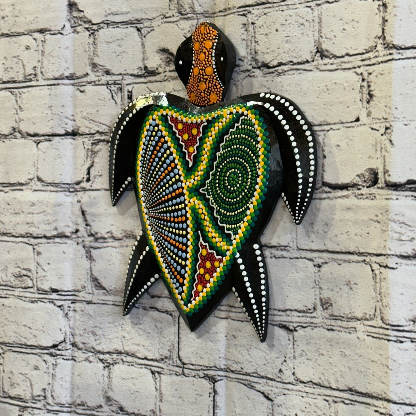 30cm Turtle Carved Wooden Dot Painted Ethnic Tribal Tiki Wall Art Handmade No 4