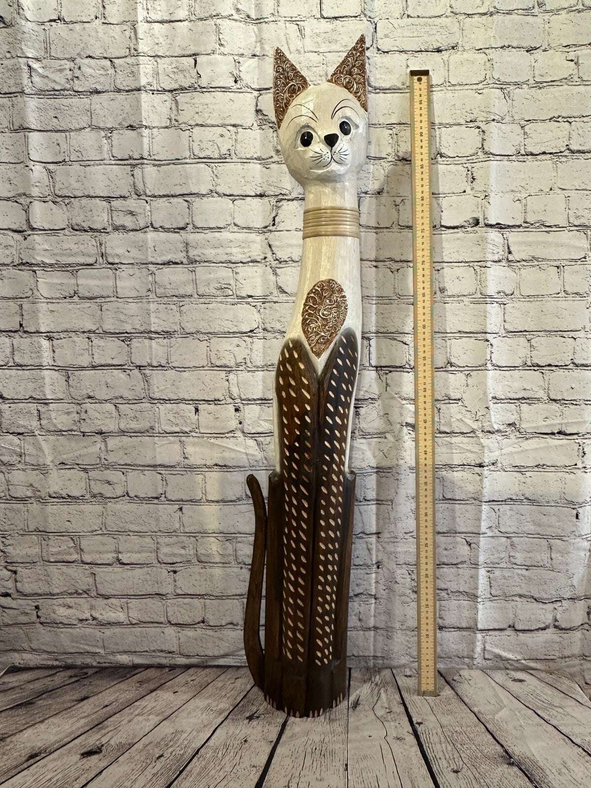 100cm Brown White Flower Wooden Shabby Cat Statue Ornament Fair Trade Handcarved
