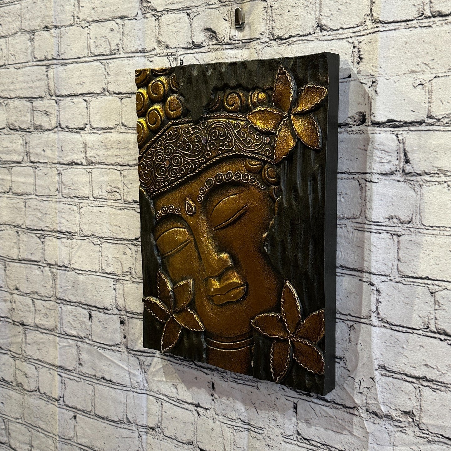 Wooden Wood Panel 40cm Brown Gold Buddha Hibiscus Wall Art Plaque Handcarved
