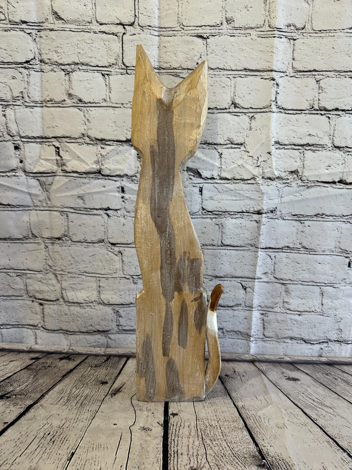 50cm Light Brown Flower Wooden Shabby Cat Statue Ornament Fair Trade Handcarved