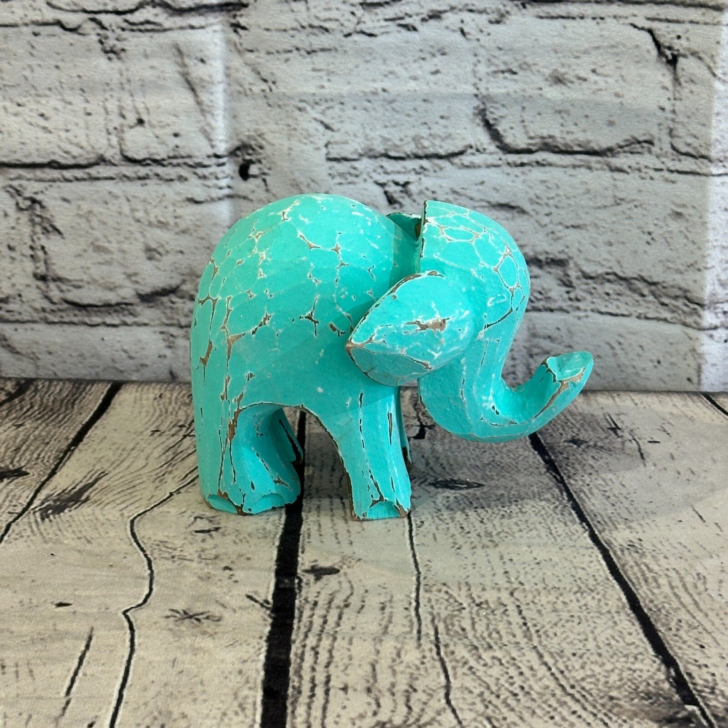 Green Wooden Elephant With Shabby Pattern 10cm x 10cm Handmade and Fairtrade