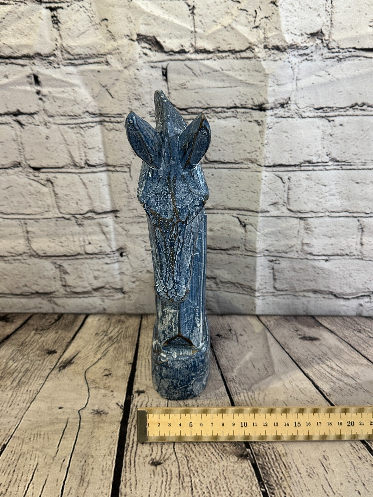 Blue Wooden 30cm x 18cm Horse Head Bust Hand Carved Wood Sculpture
