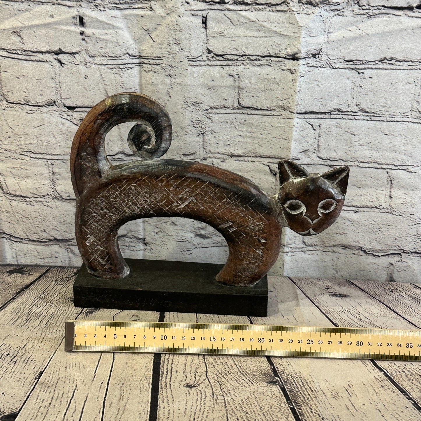 28cm x 25cm Wooden Tribal Primitive Black Cat Stand Sculpture Statue Art