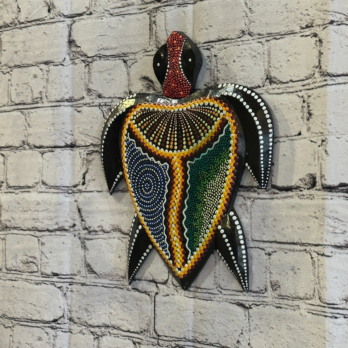 30cm Turtle Carved Wooden Dot Painted Ethnic Tribal Tiki Wall Art Handmade No 2