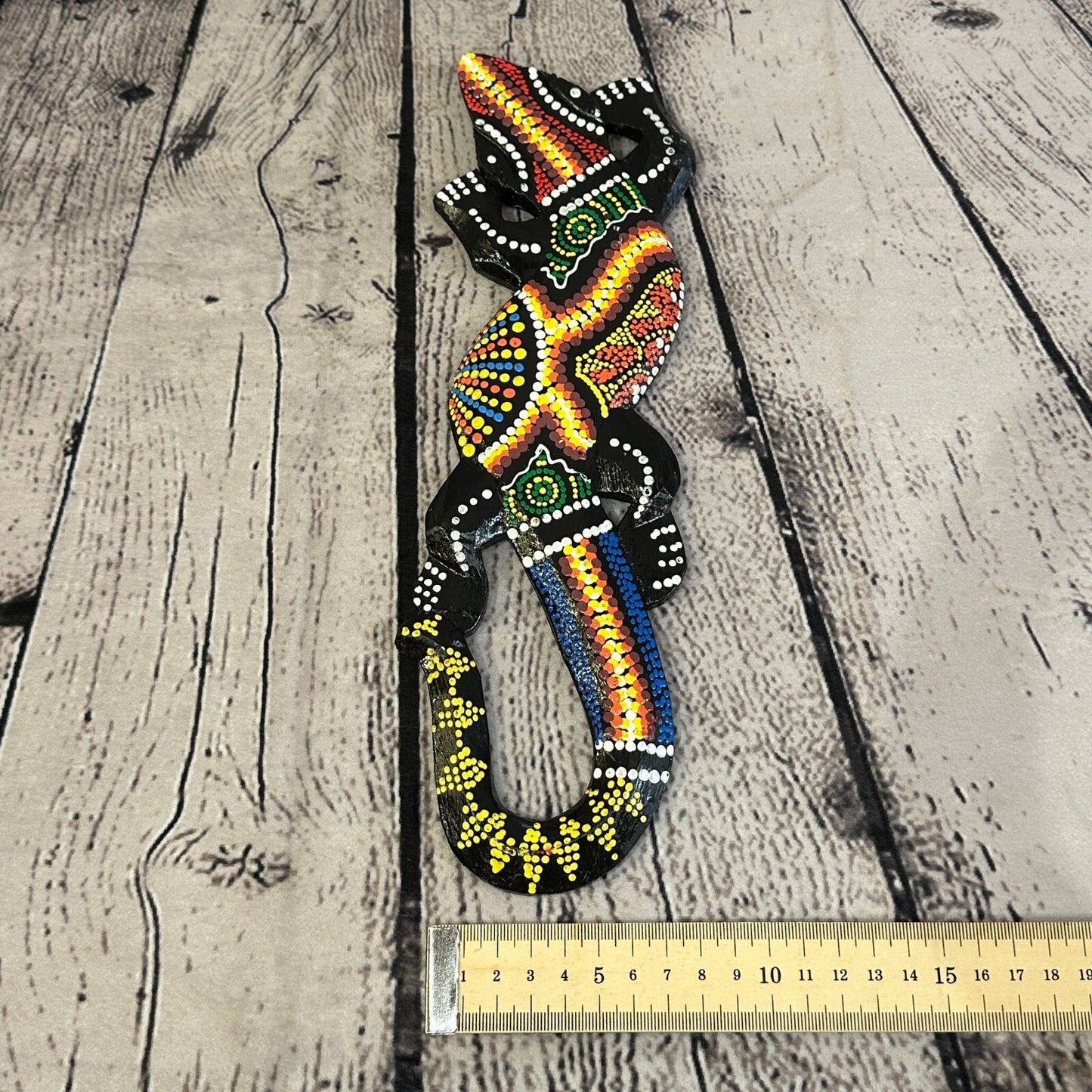 30cm Gecko Carved Wooden Dot Painted Ethnic Tribal Tiki Wall Handmade No 4