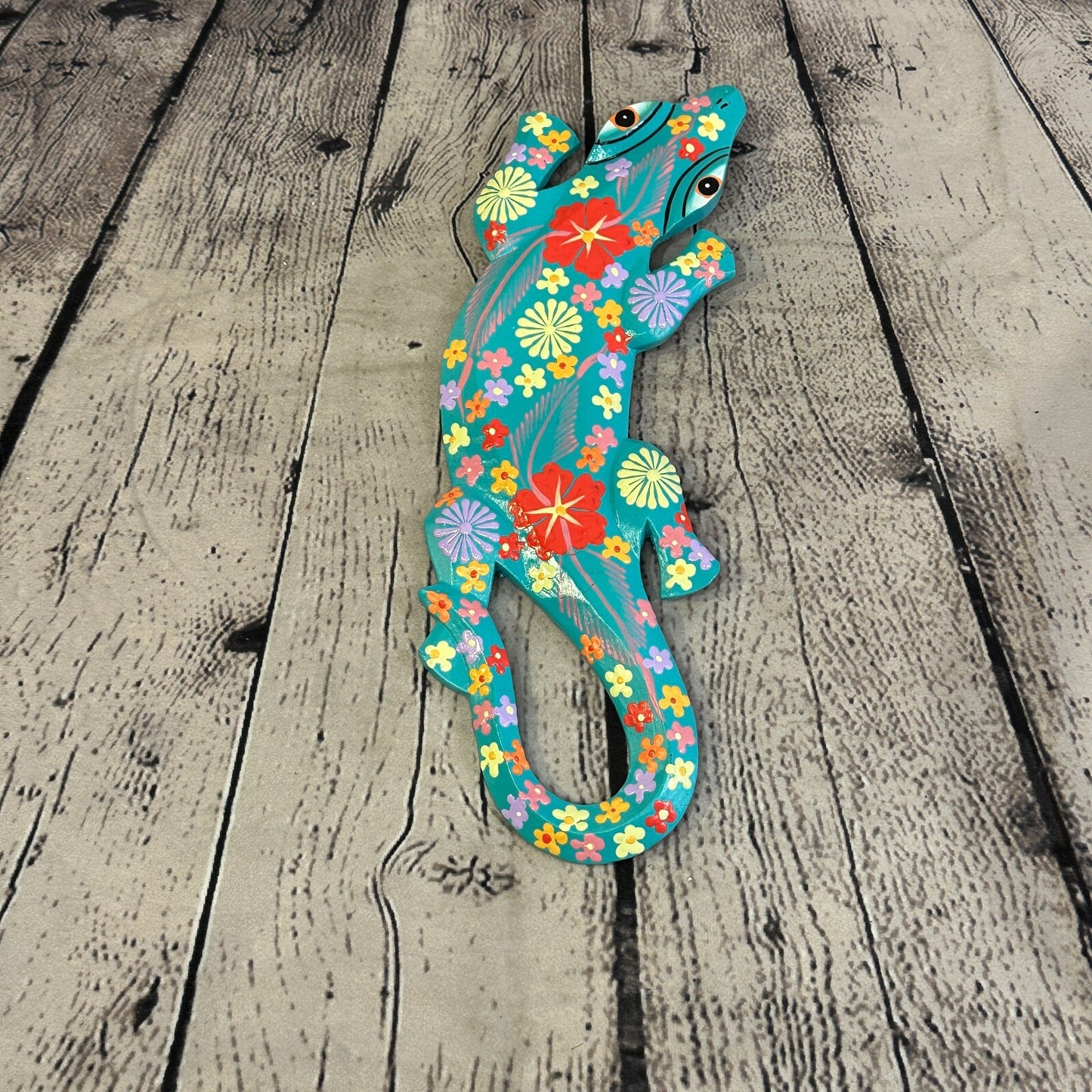 30cm Gecko Lizard Light Blue Flower Wood Wall Hanging Wooden Ornaments Carving