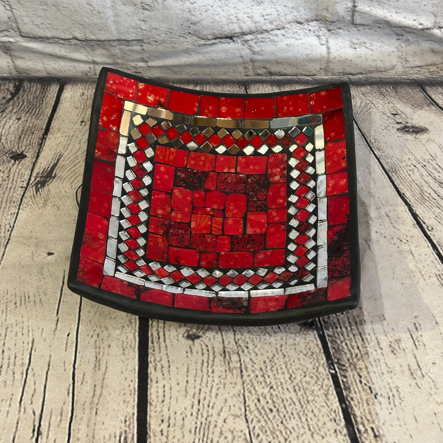 20cm Red Square Mosaic Handmade Ceramic Glass Tile Bowl Fruit