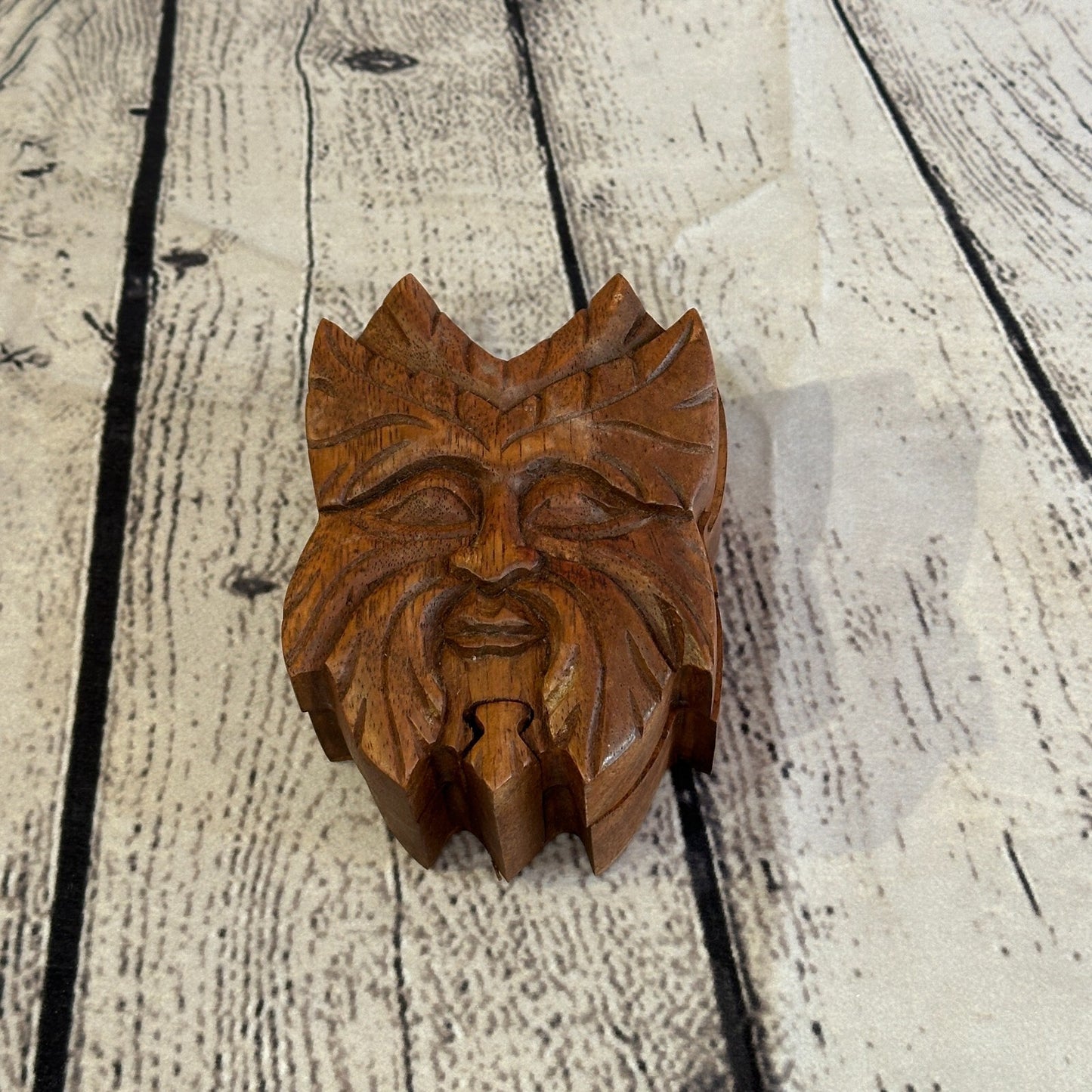 Carved Green Man Head 4 Bit Wooden Puzzle Box Secret Box Magic Trinket Handmade