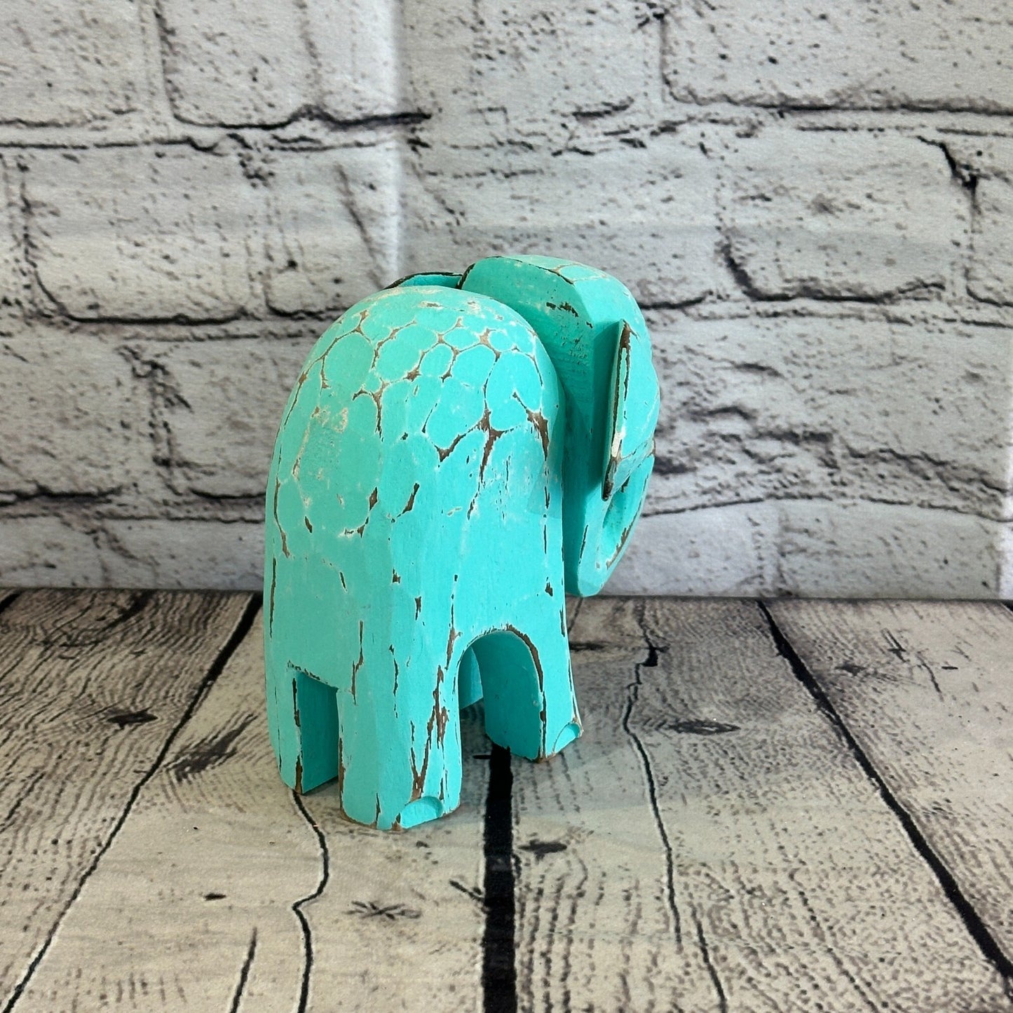 Green Wooden Elephant With Shabby Pattern 12cm x 12cm Handmade and Fairtrade