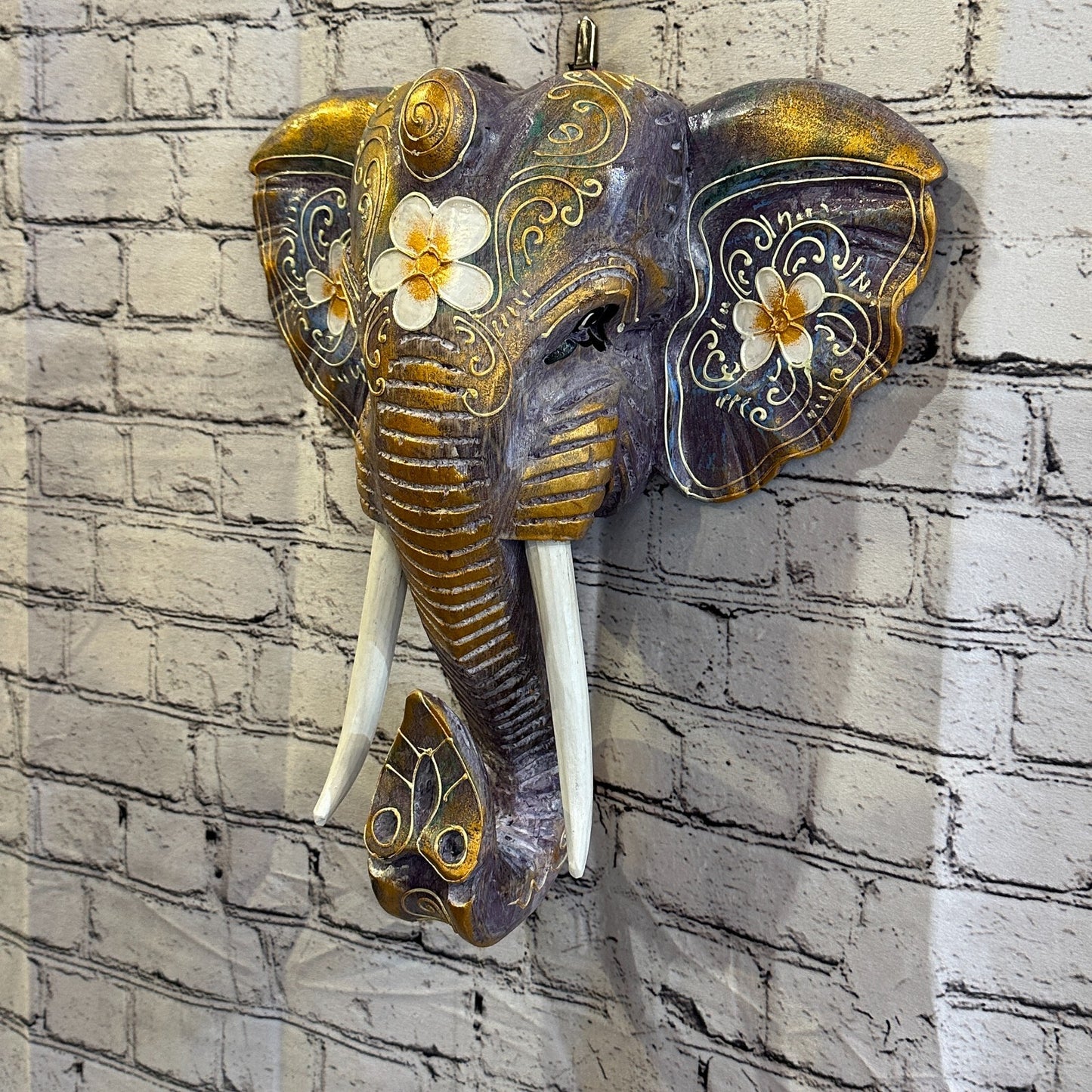 40cm x 35cm Purple Flower Painted Wood Elephant Head Wall Mounted Art Shabby