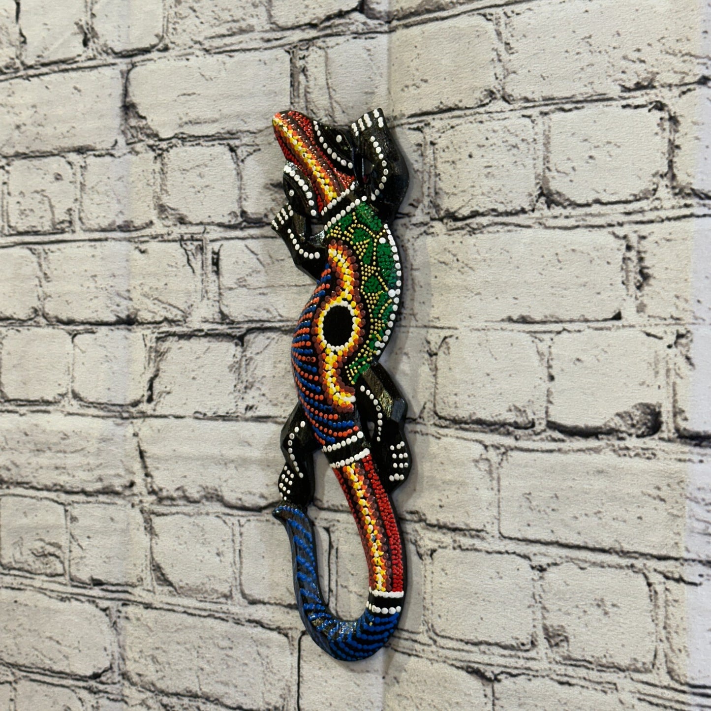 30cm Gecko Carved Wooden Dot Painted Ethnic Tribal Tiki Wall Handmade No 1
