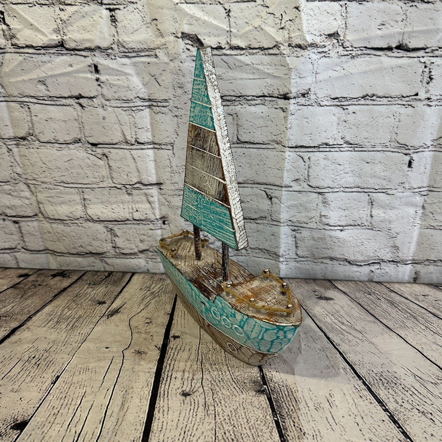 35cm Rustic Wooden Brown & Green Sailing Boat Nautical Ornament Sculpture Decor