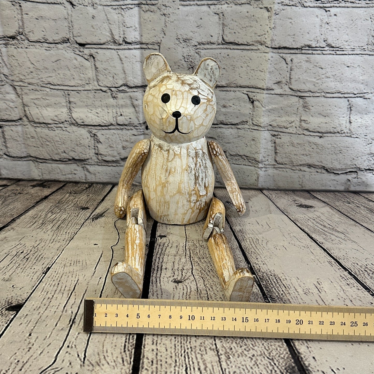 22cm Shabby White Teddy Sitting Animal Wooden Shelf Ornament Handmade Fairtrade