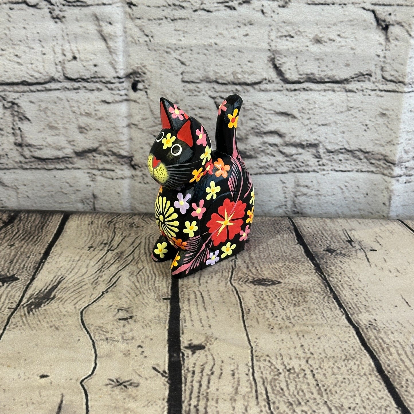Black Small Wooden Cat With Flower Pattern 12cm x 6cm Handmade and Fairtrade