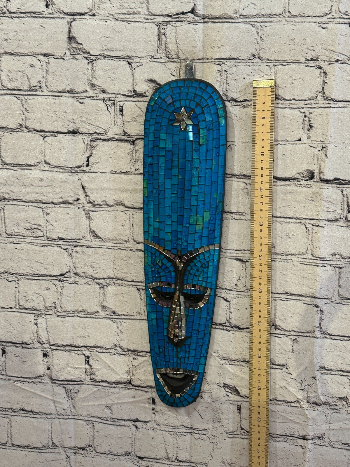 50cm Blue Mosaic Mirror Mask Carved Painted Ethnic Tribal Wall Art Handmade