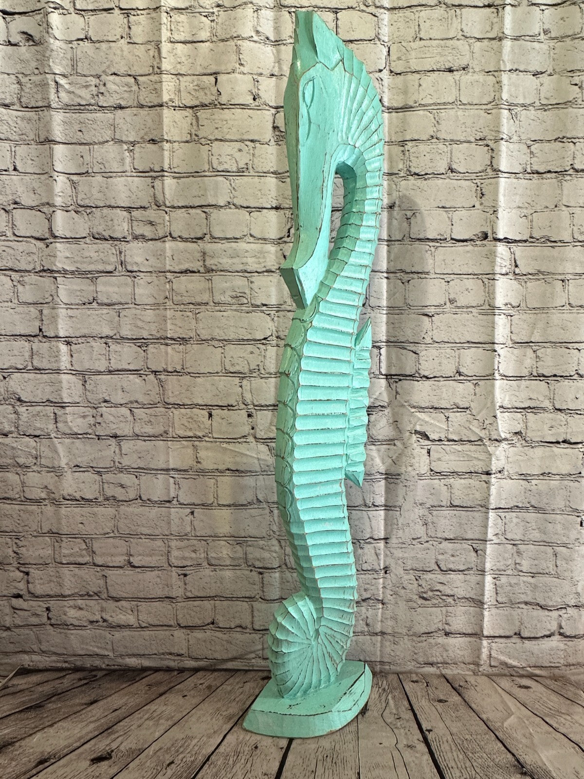 100cm Green Plain Wooden Shabby Seahorse Statue Ornament Fair Trade Handcarved