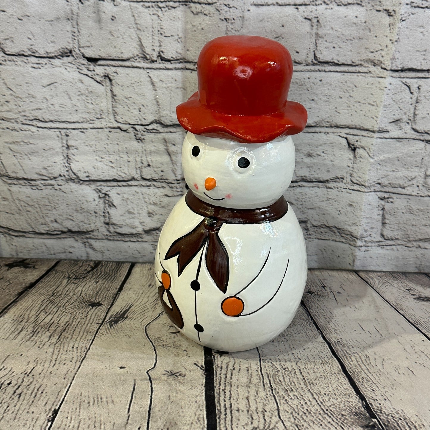 25cm x 12cm Red Top Hat Snowman Handcrafted Wood Xmas Christmas Ornament