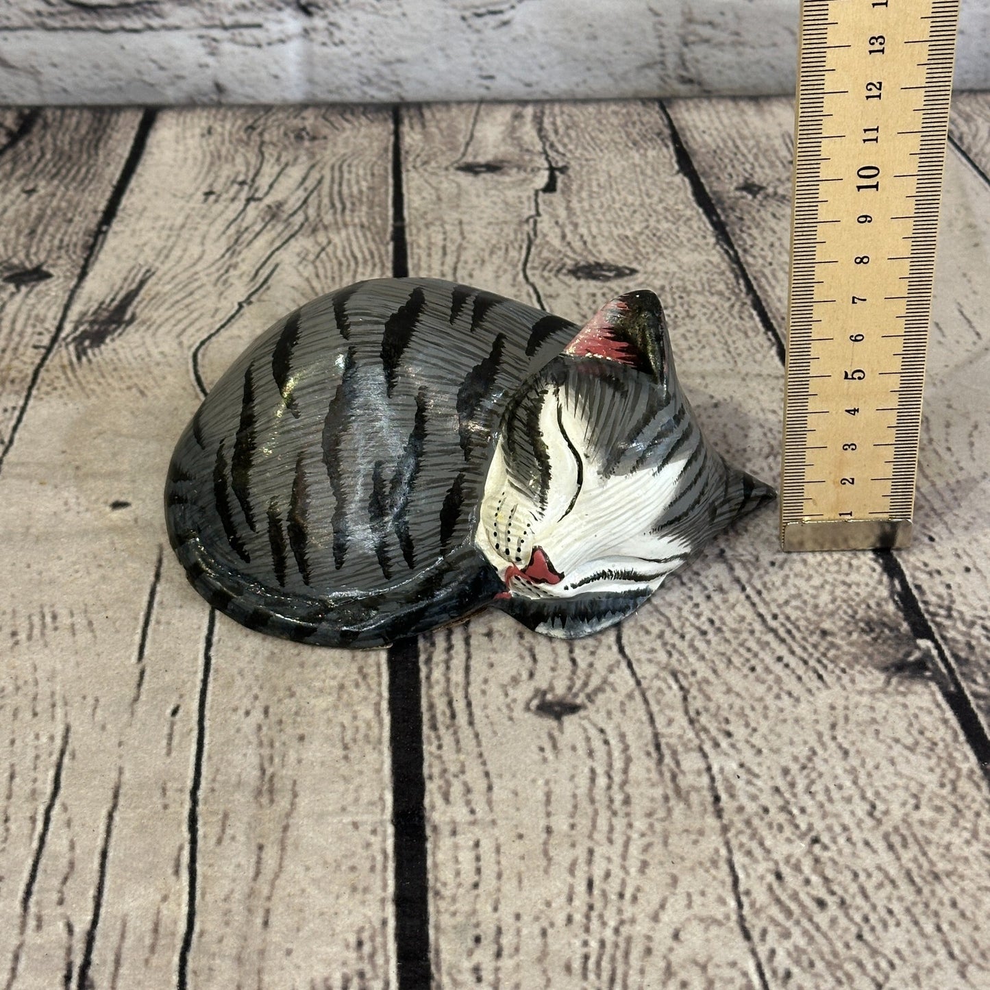 14cm Grey Style Painted Wooden Hand Carved Snoozing Cat Sleeping Cat Wooden