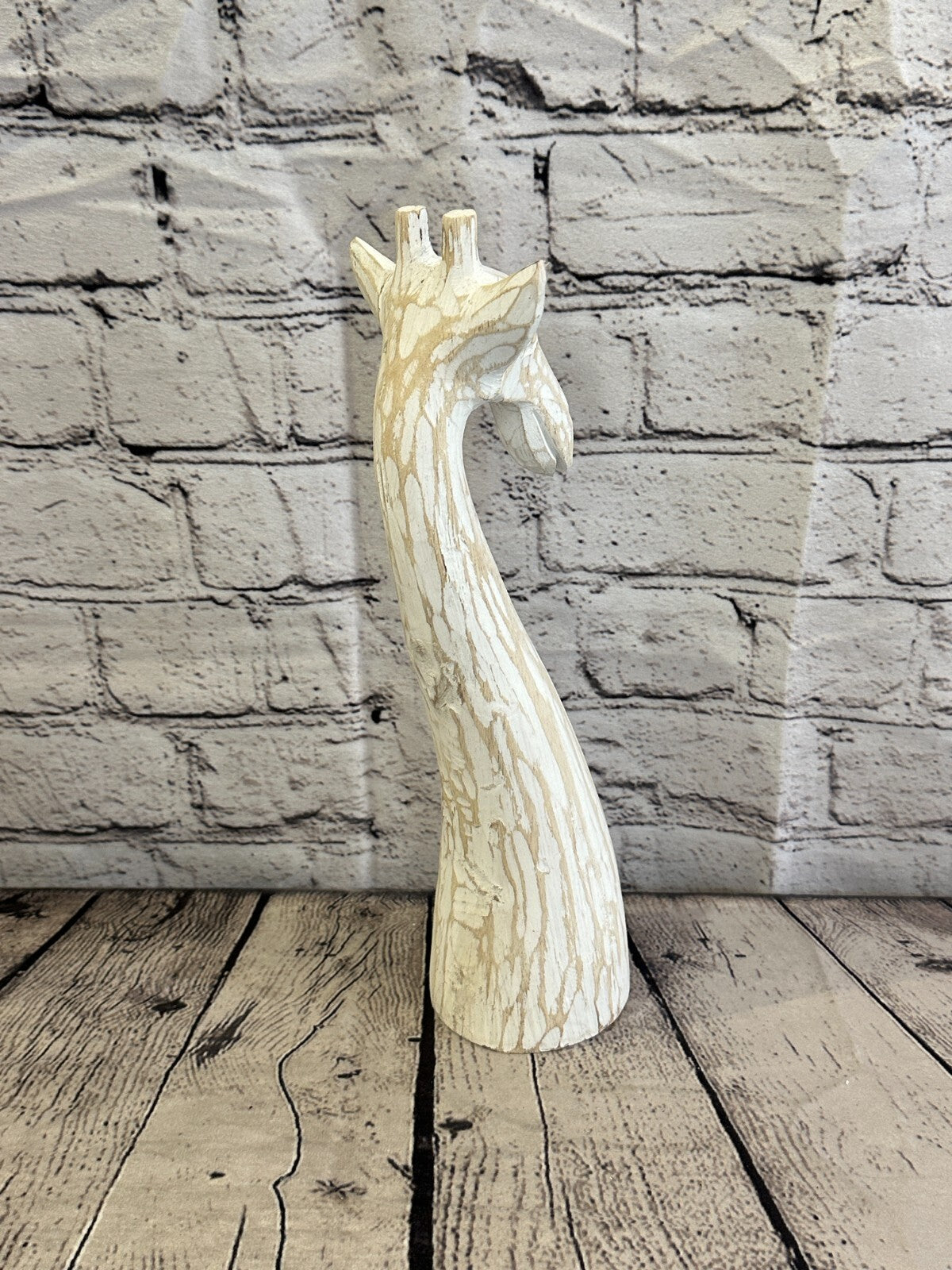White Wooden Giraffe Head With Shabby Pattern 30cm x 10cm Handmade and Fairtrade