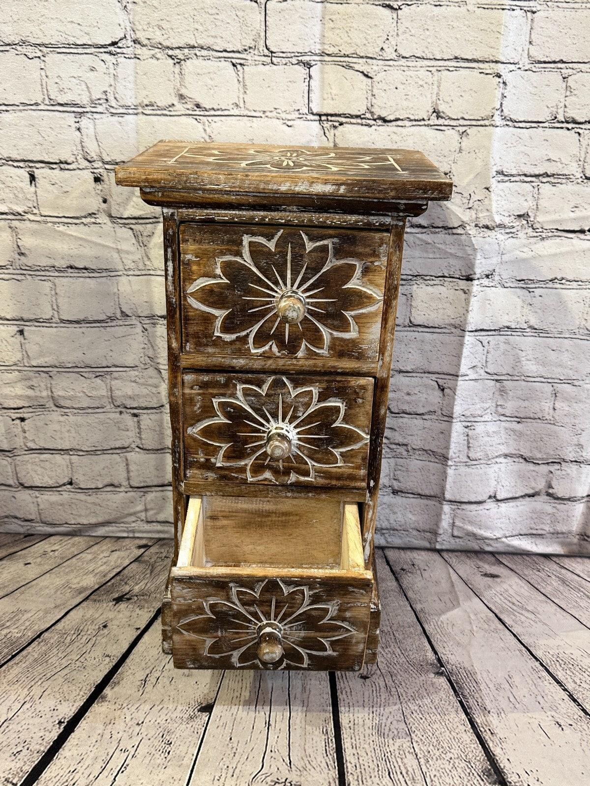 60cm x 25cm Brown 3 Draw Wooden Side Cabinet Living Hallway Storage Furniture