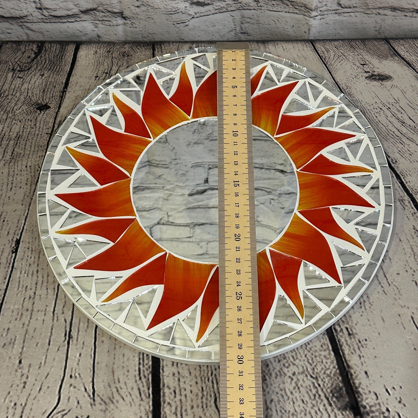 Red Flame Sun Mosaic Tile Wall Mirror 30cm x 30cm 12 Inches Handmade New