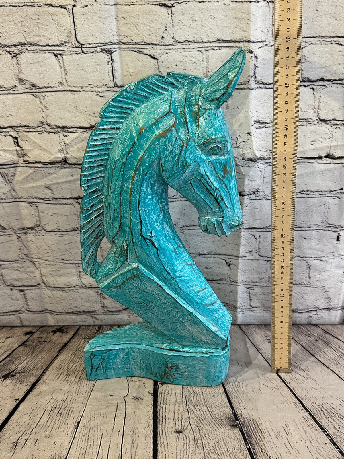 Green Wooden 50cm x 25cm Horse Head Bust Hand Carved Wood Sculpture