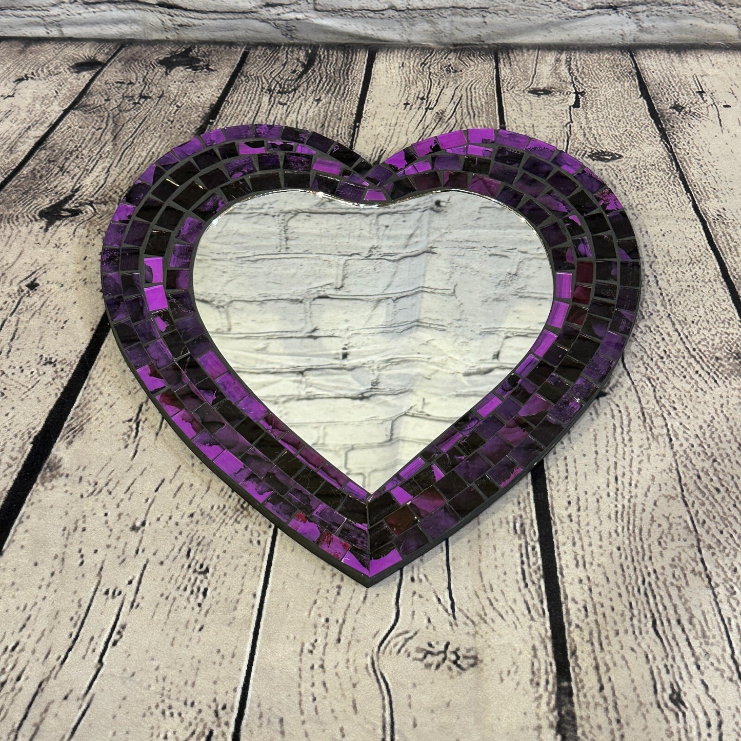 Purple Heart Shape Mosaic Tile Wall Mirror 28cm x 25cm 10 Inches Handmade New