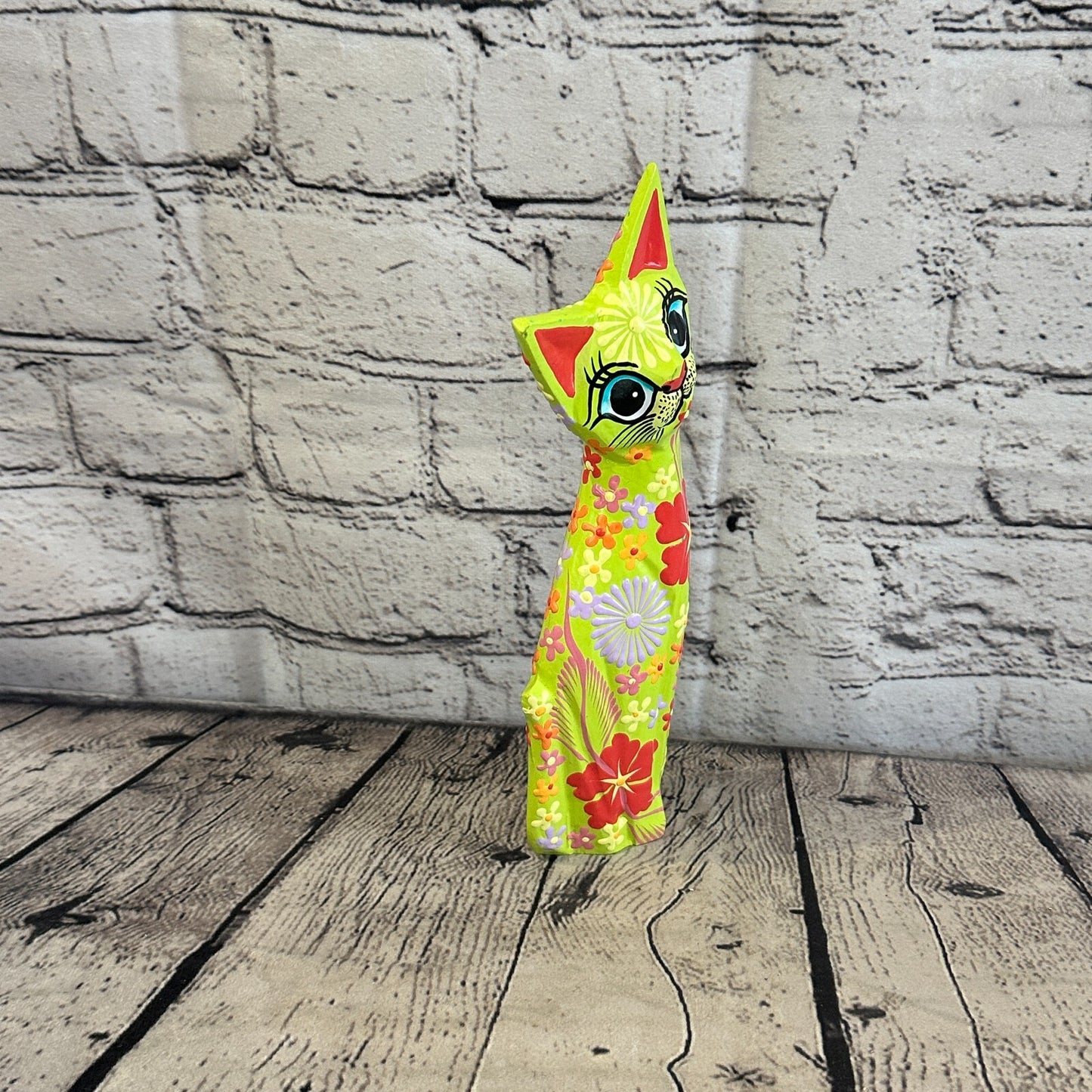 Green Flat Back Wooden Cat With Flower Pattern 25cm x 8cm Handmade and Fairtrade