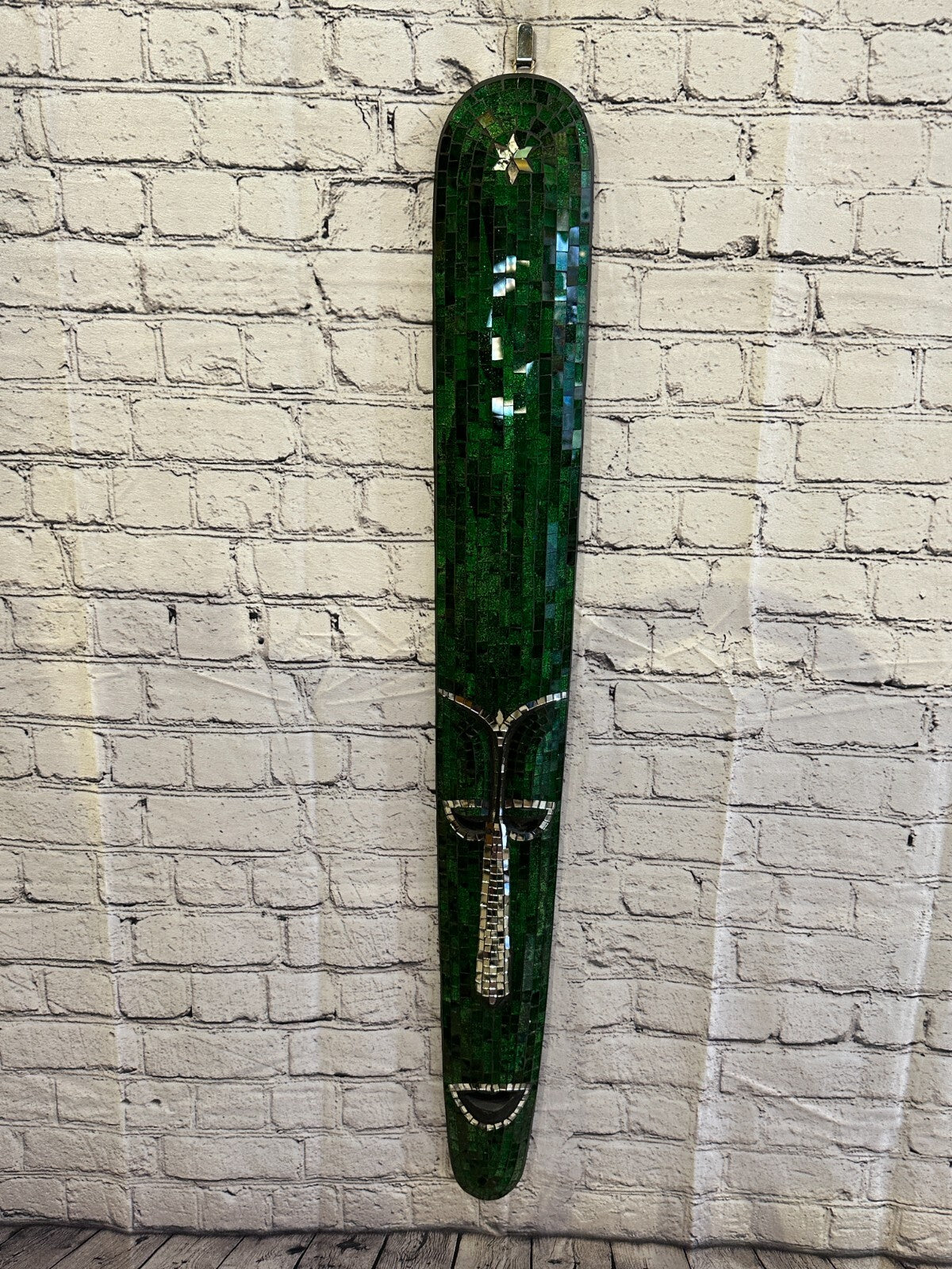 80cm Green Mosaic Mirror Mask Carved Painted Ethnic Tribal Wall Art Handmade
