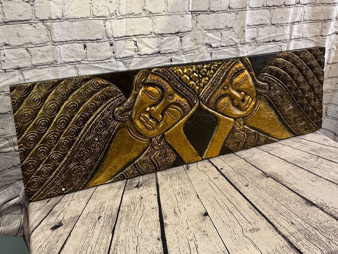 100cm x 30cm Buddha 2 Faces Gold Wooden Wood Panel Wall Art Plaque Handcarved