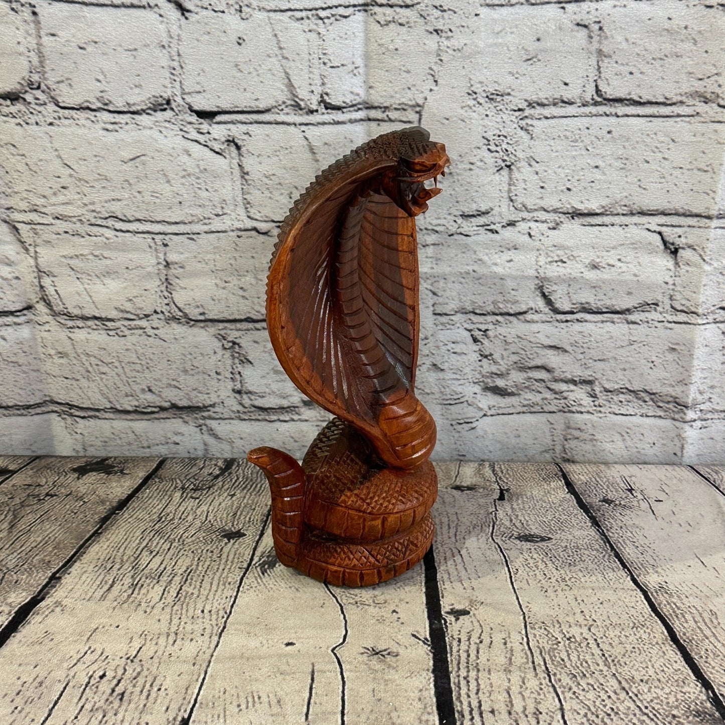 20cm x 10cm Solid Wood Cobra Carving Sculpture Decor Statue Snake Oriental Cobra