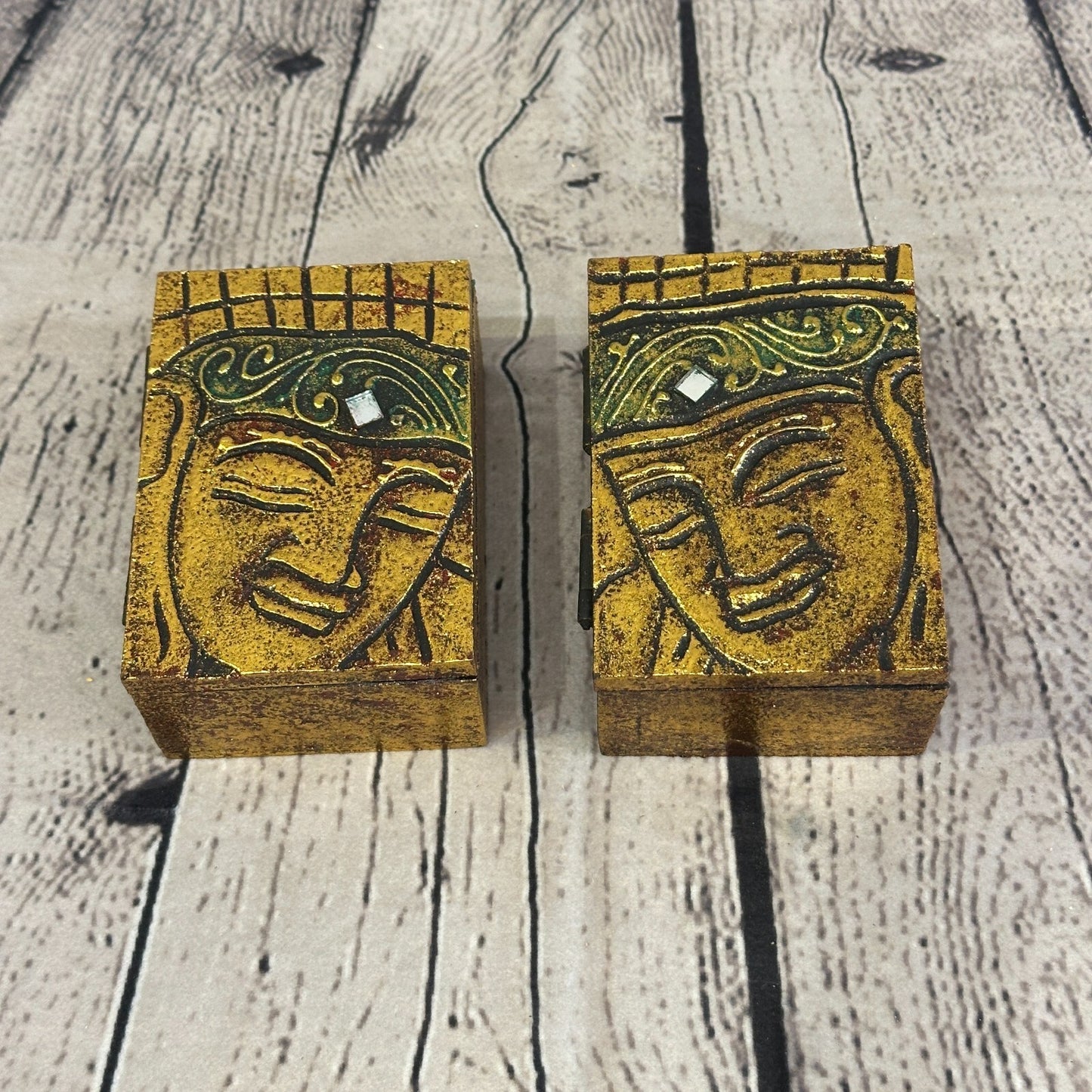 Bright Gold Thai Buddha Head Left 10cm x 7cm x 4cm Wooden Box Trinket Handmade