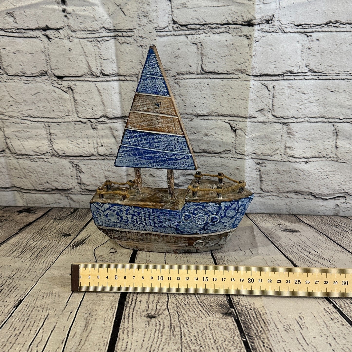 25cm Rustic Wooden Brown & Blue Sailing Boat Nautical Ornament Sculpture Decor